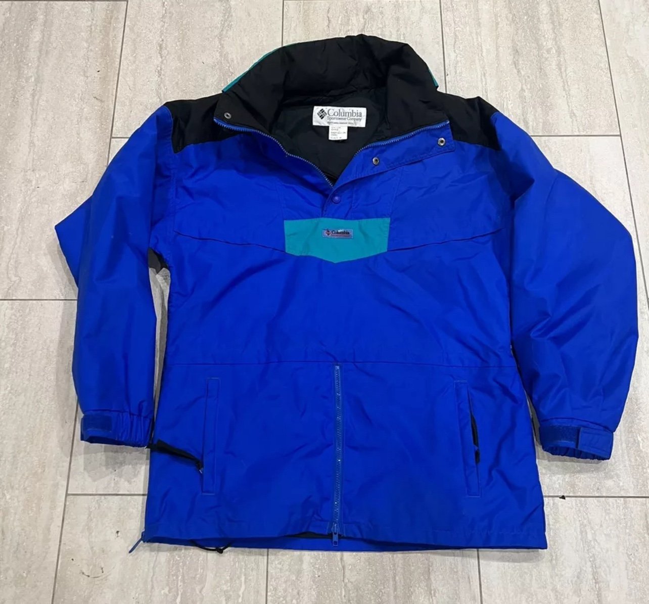 Vintage Columbia Radial Sleeve Blue Pink Teal Pull Over Windbreaker Jacket Mens