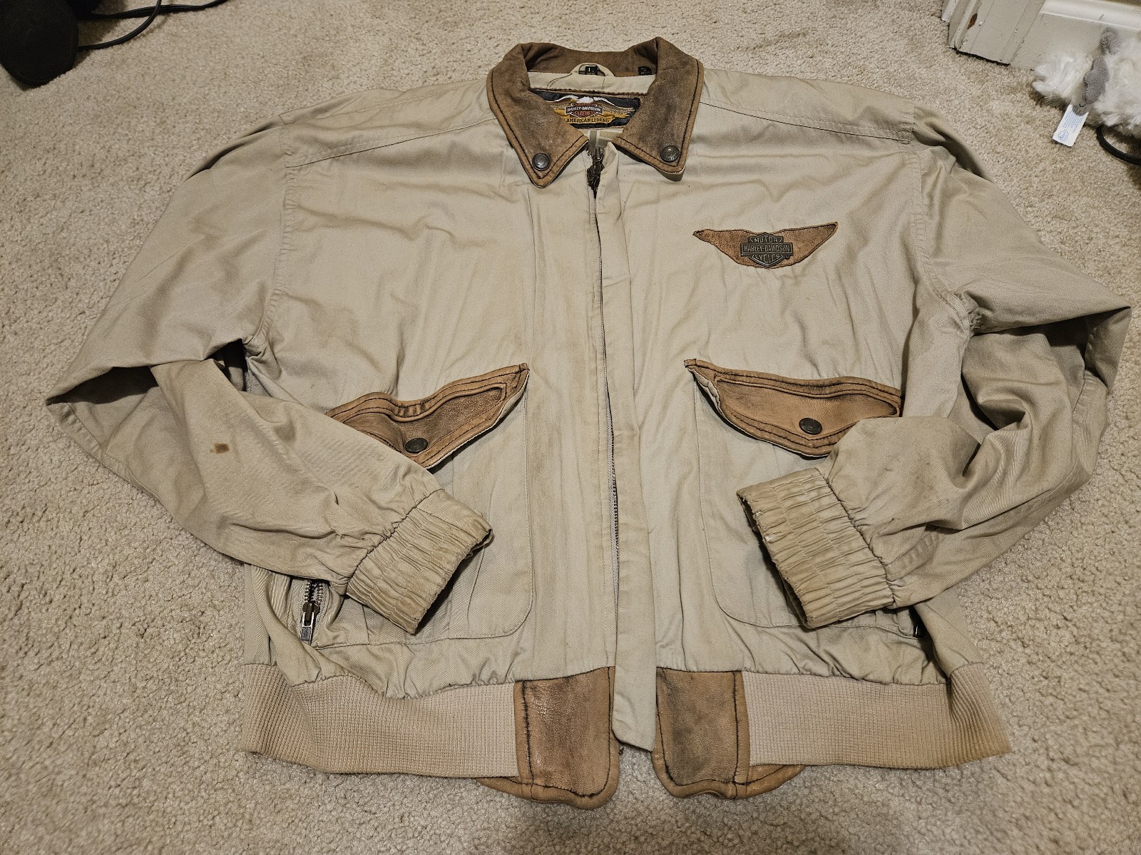 Vintage Harley Davidson Embroidered Patch Full Zip Bomber Jacket L With Stains.