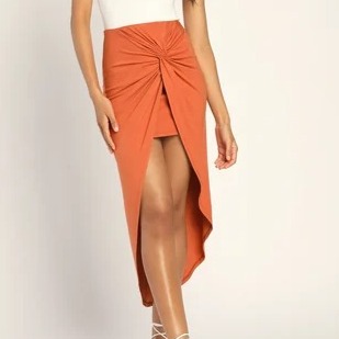 Put a Spin On It Rust Orange Twist-Front High-Low Midi Skirt