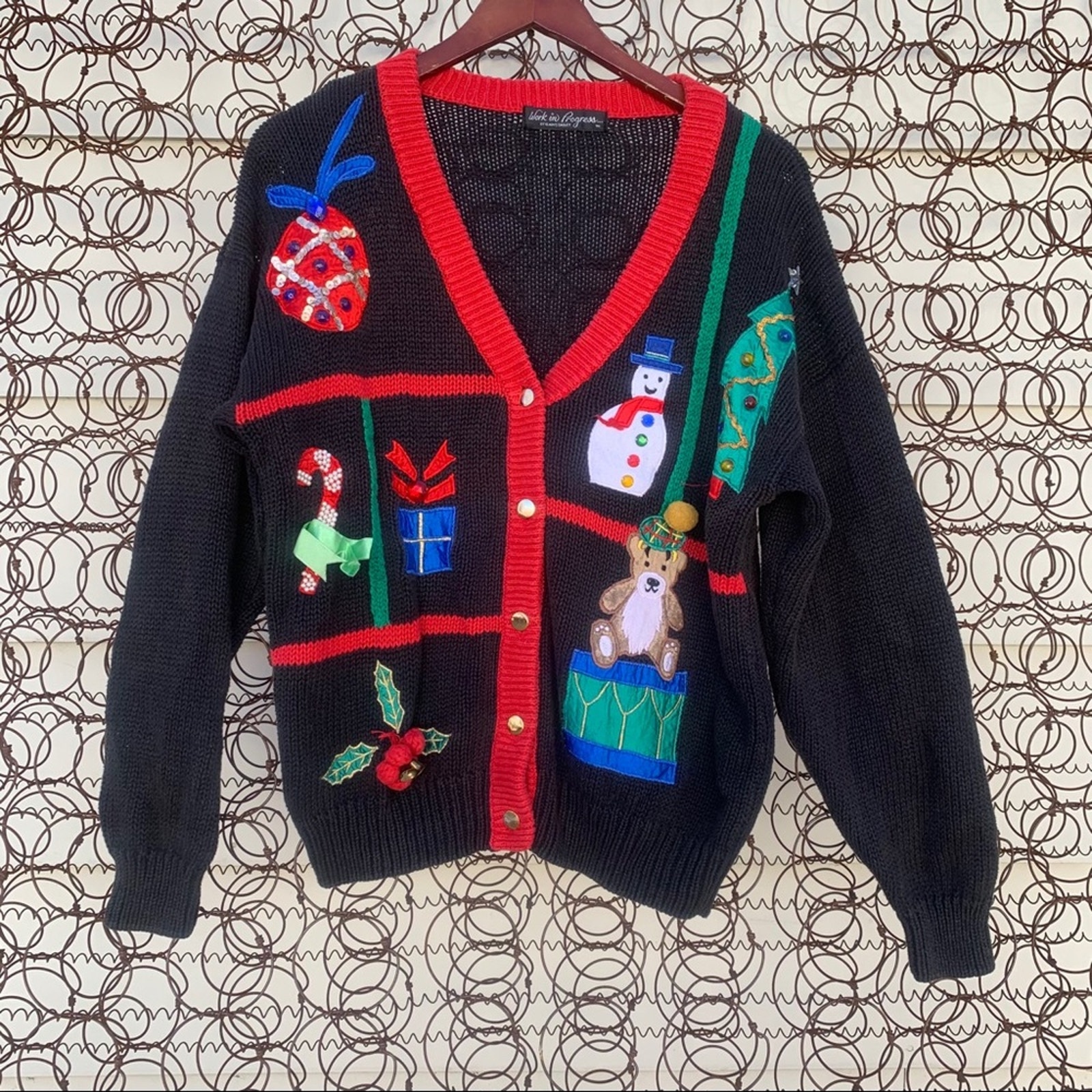 Vintage knit ugly Christmas cardigan sweater sampler applique bell present tree