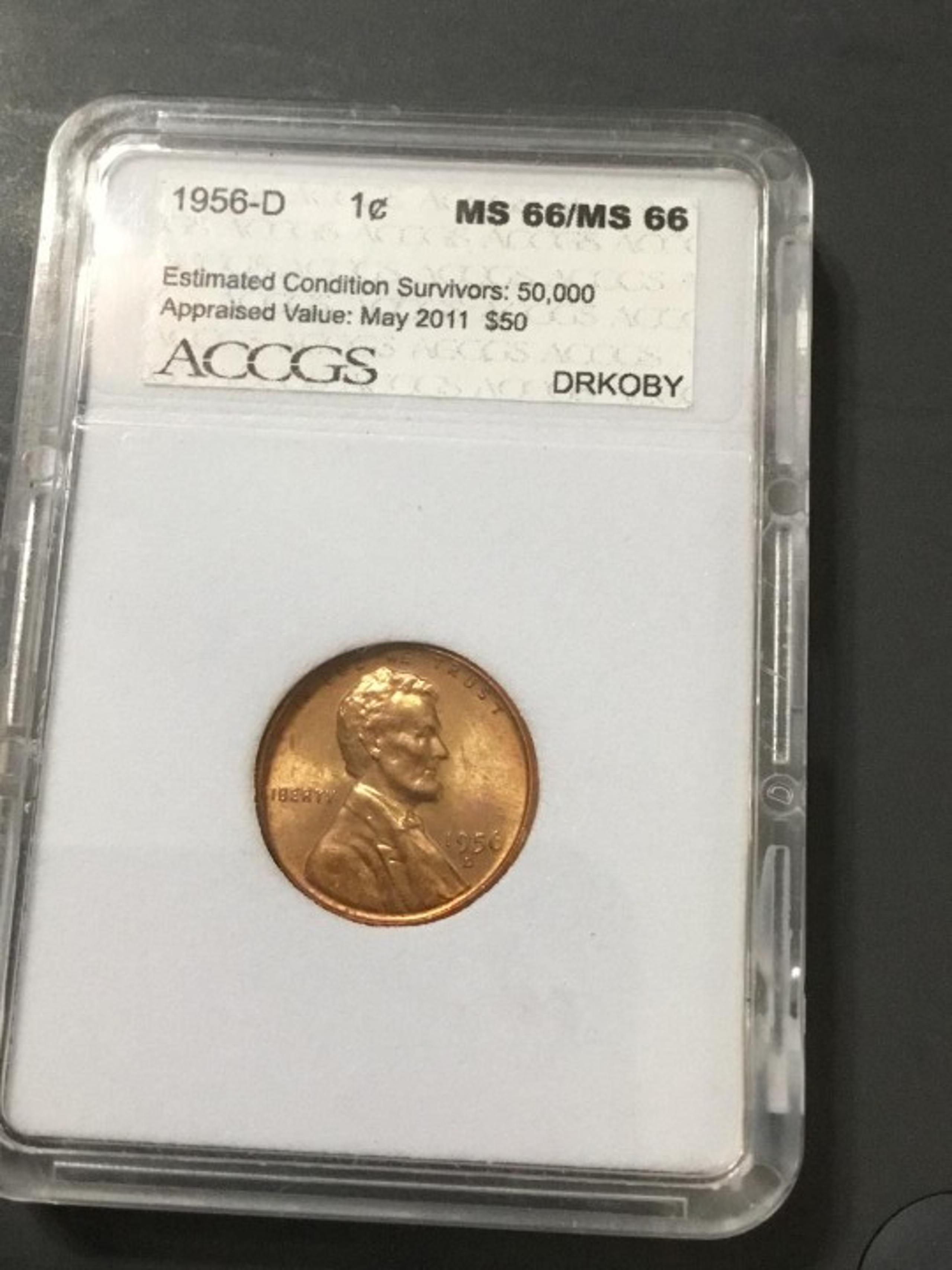 1956-D Wheat Penny -Graded MS66