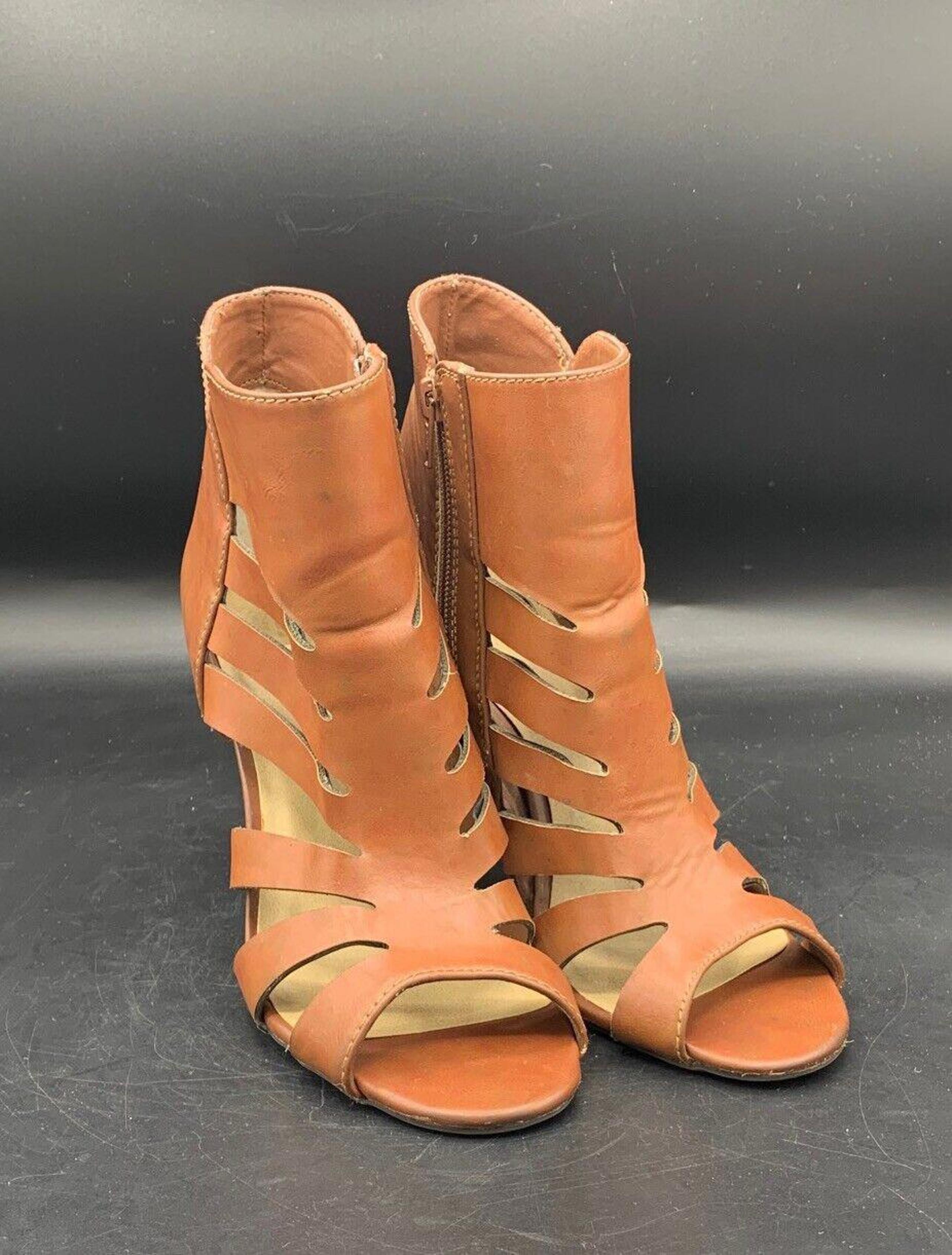 A.N.A. Womens Leather Gladiator Sandal Ankle Bootie Heel Brown/Tan Cutout US 7