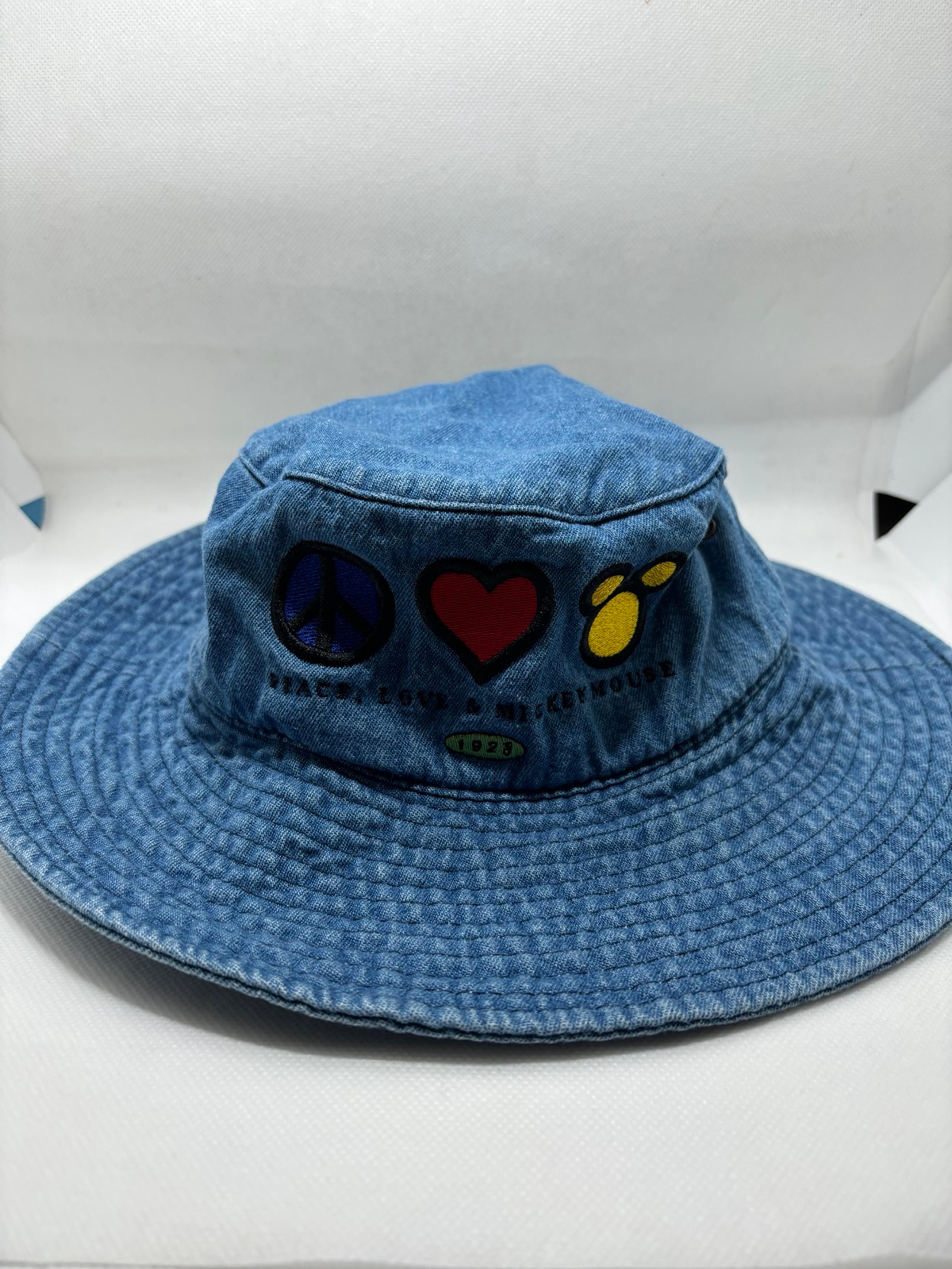 Vintage Disneyland Goofy’s Hat Co. Peace Love & Mickey Mouse Denim Bucket Hat