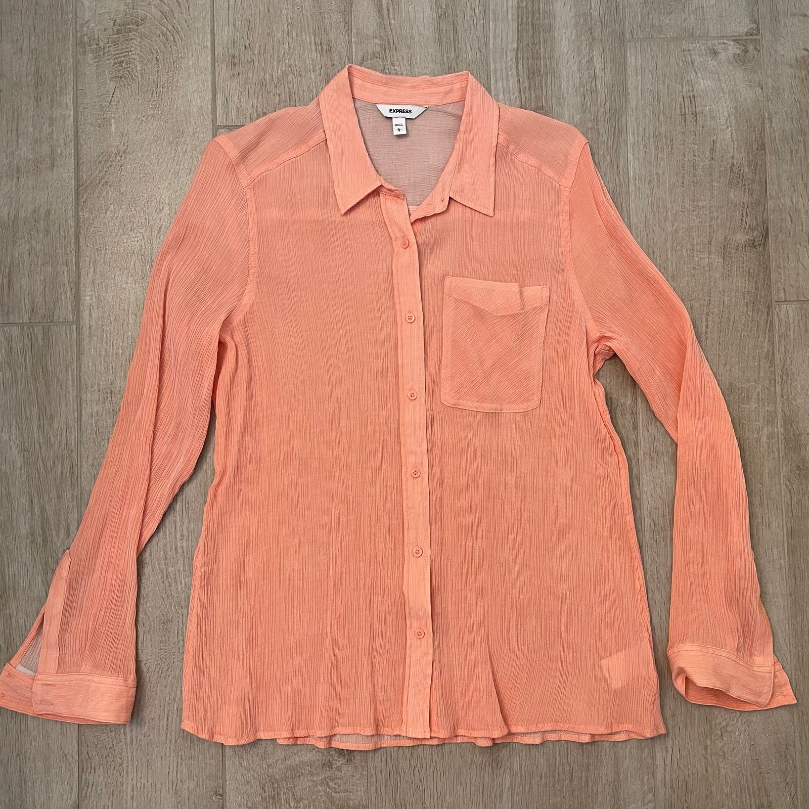 Express Crinkle Stripe One Pocket Boyfriend Shirt, Orange/Peach/Coral, L