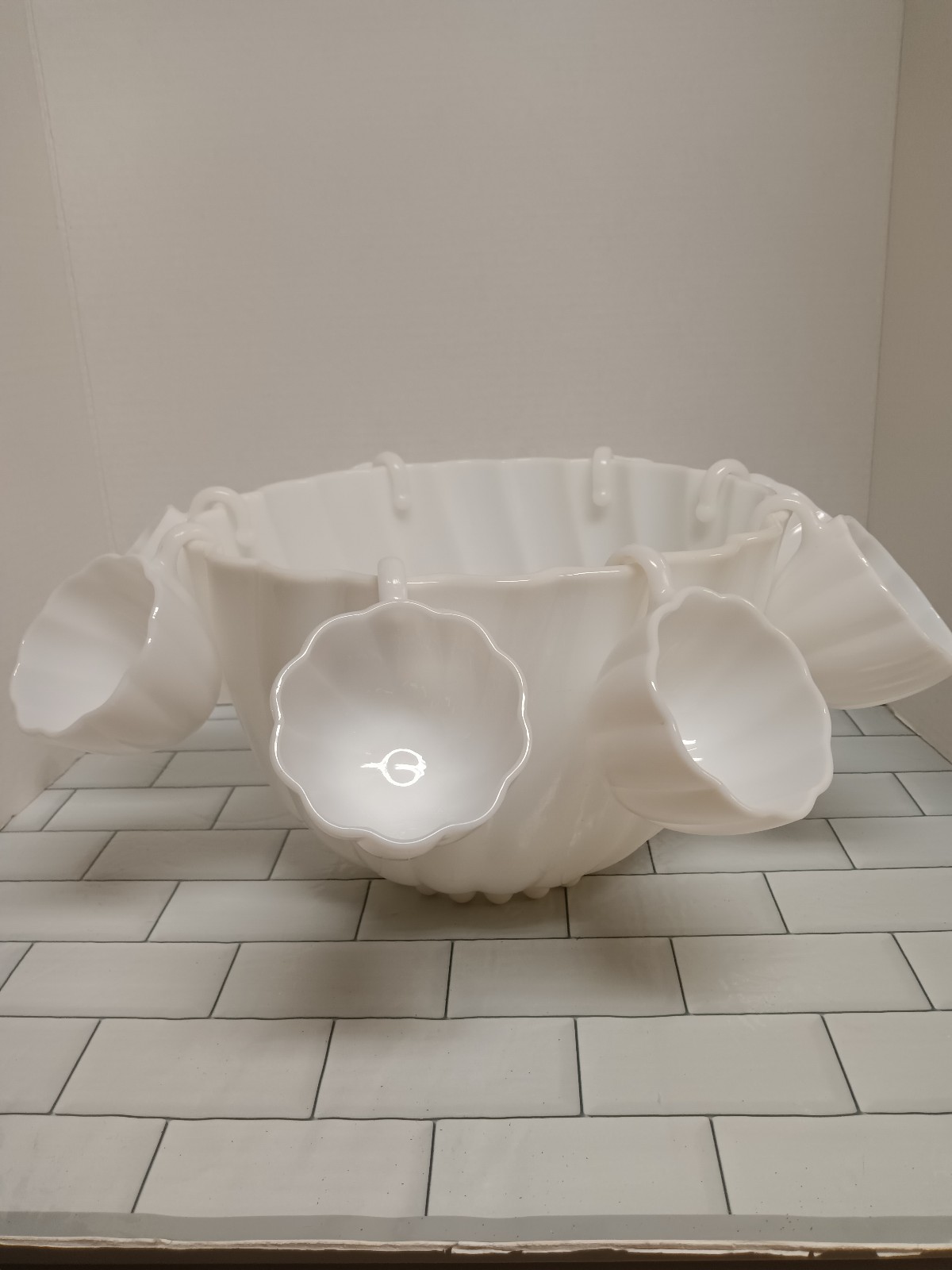 Hazel Atlas milk glass punch bowl and cups