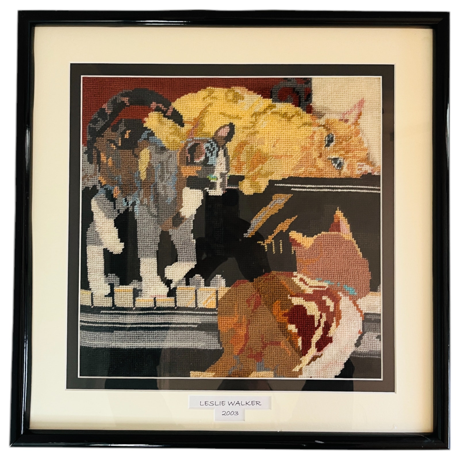 Vintage Framed Needlepoint 3 Cats Piano Matted 2003 Leslie Walker 18.5 x 18.5