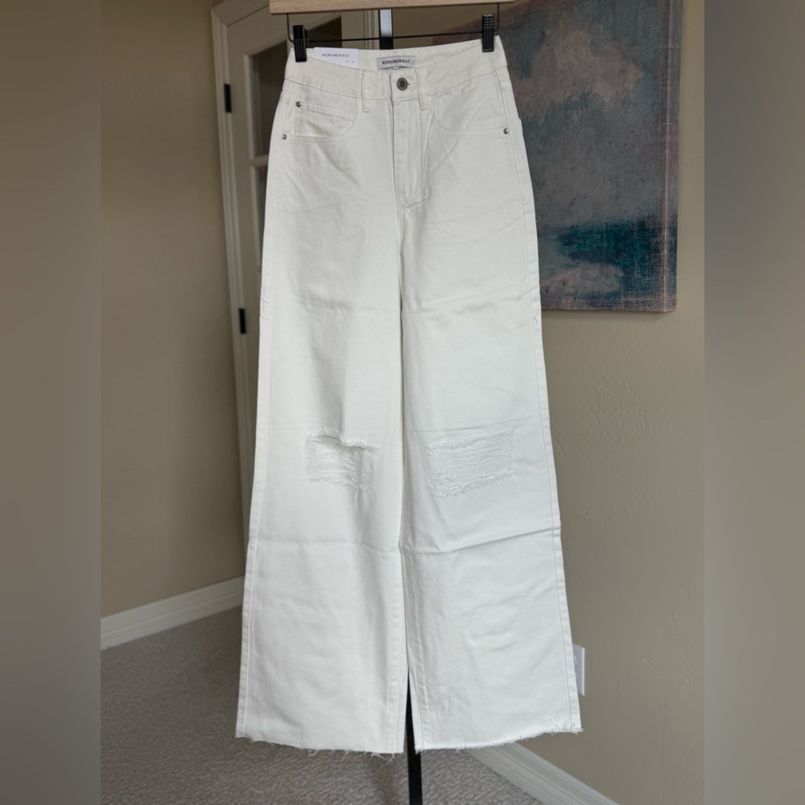 WeWoreWhat Wide Leg Distressed White Jeans with Raw Hem Women’s size 23
