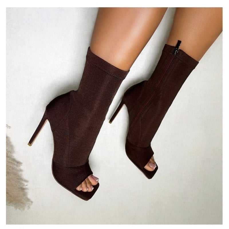 New Simmi Mona Brown Sock Heels Peep Square Toe Size 6