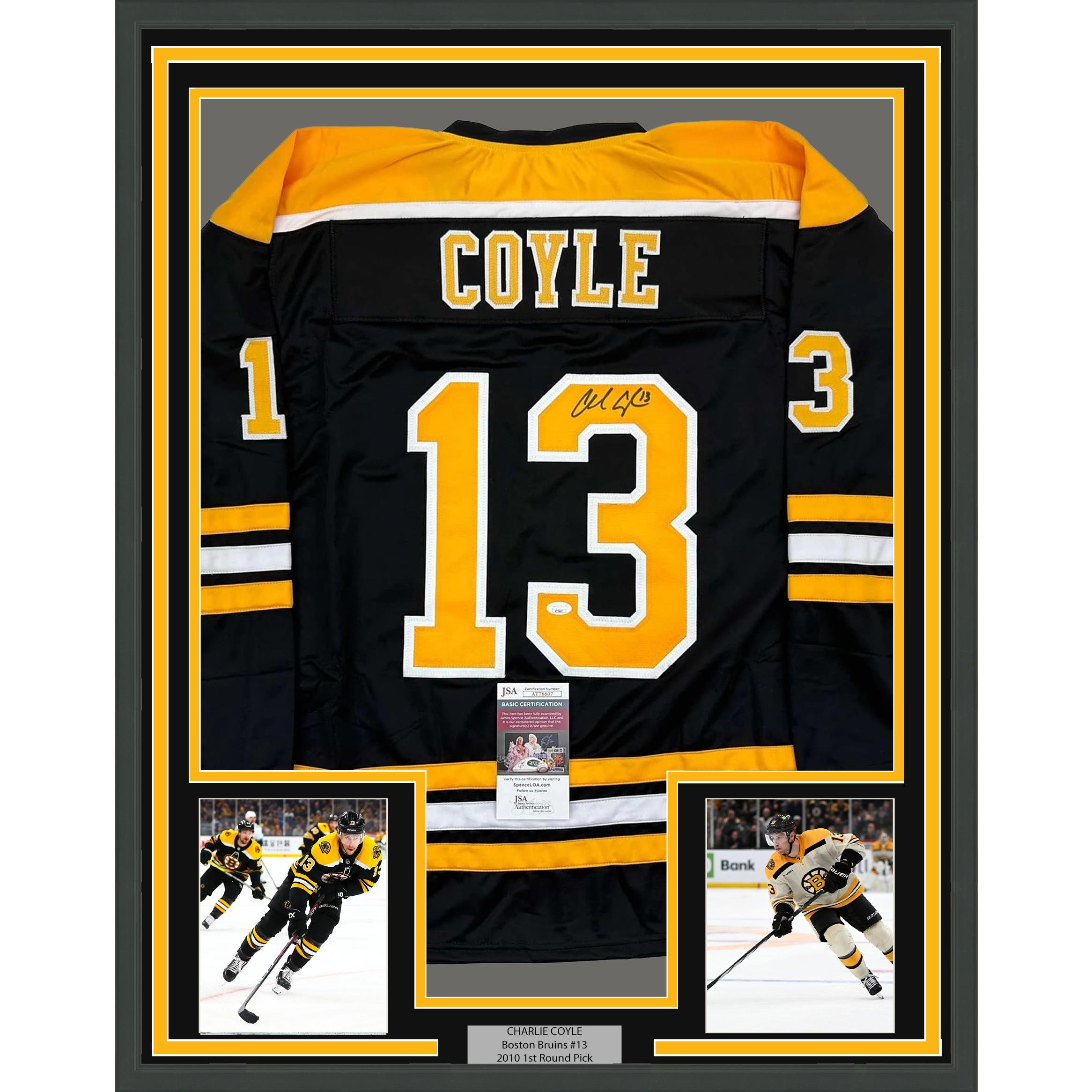 Framed Autographed/Signed Charlie Coyle 35x39 Boston Black Jersey JSA COA