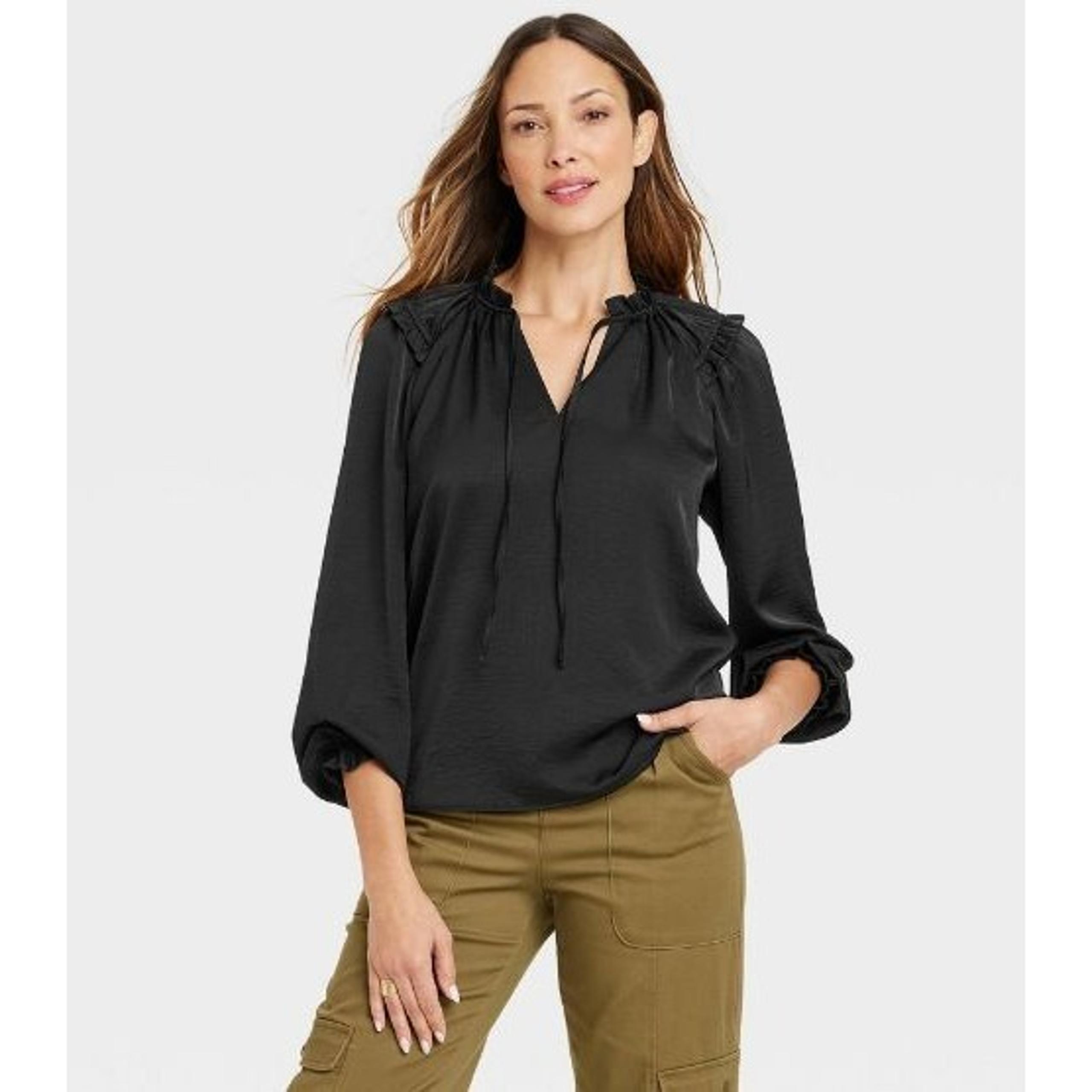 Knox Rose Women's Long Sleeve Satin Top Black Small