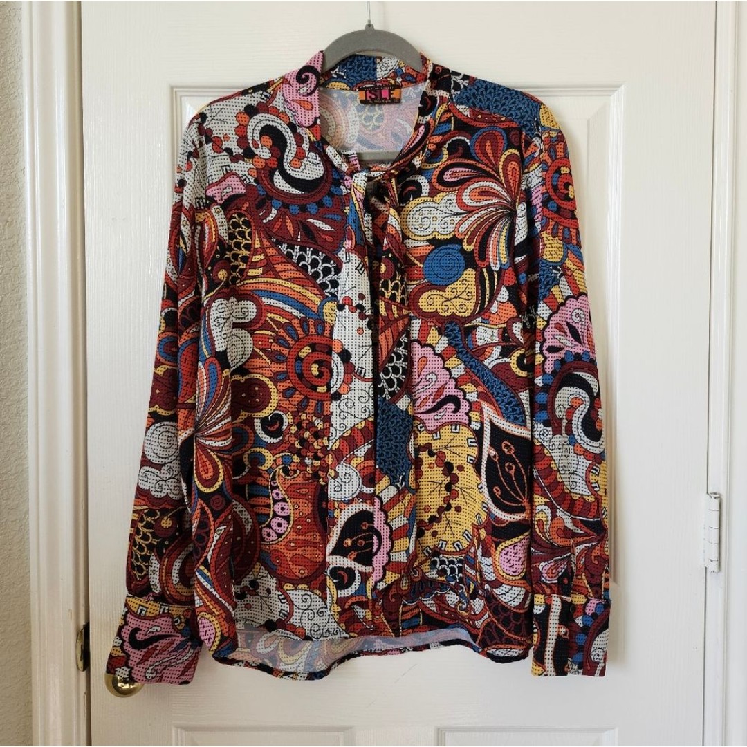 Isle Artsy Abstract Tie Collar Colorful Patterned Blouse Button Down L