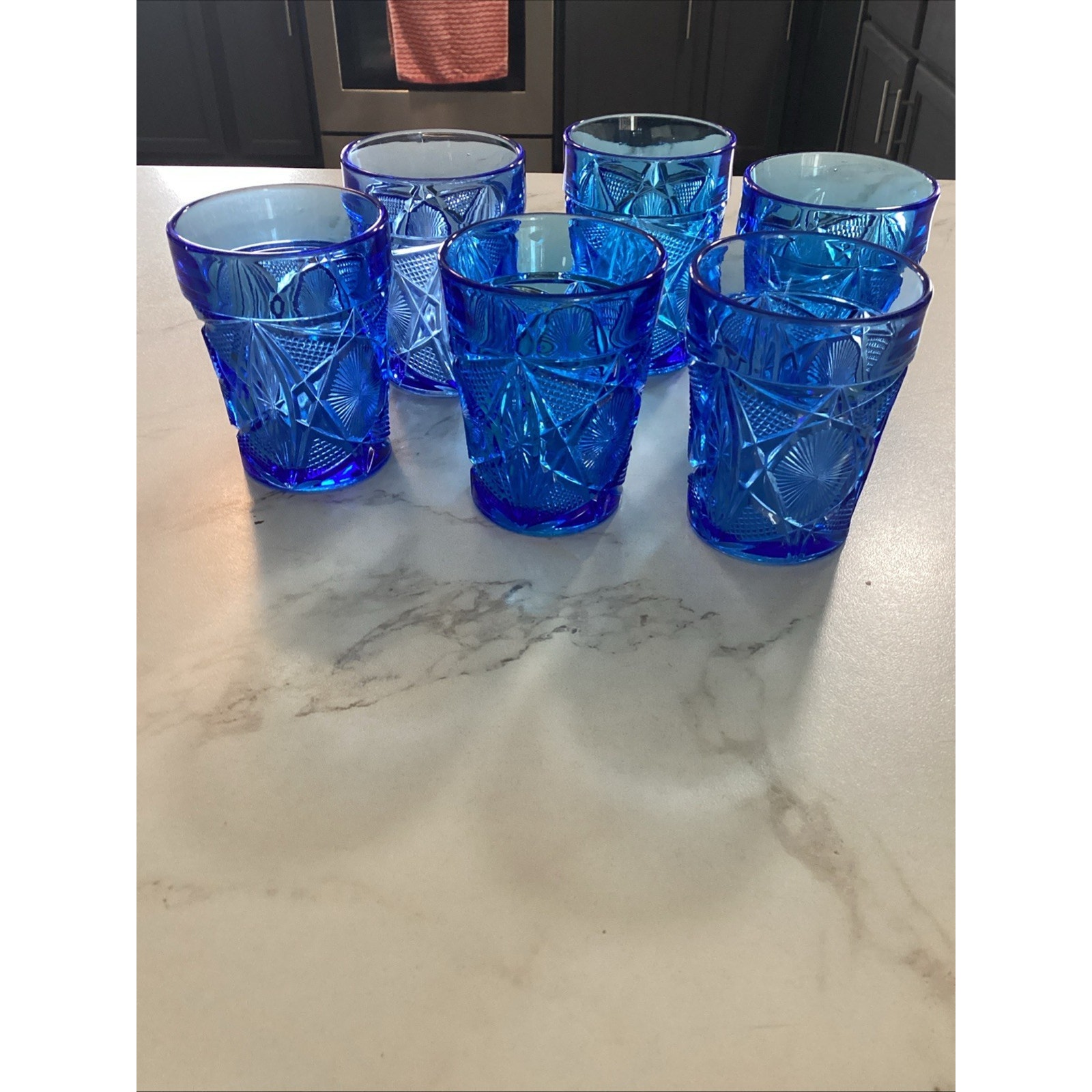 Lot Of 6 Blue Cut Glass Glasses Star Design