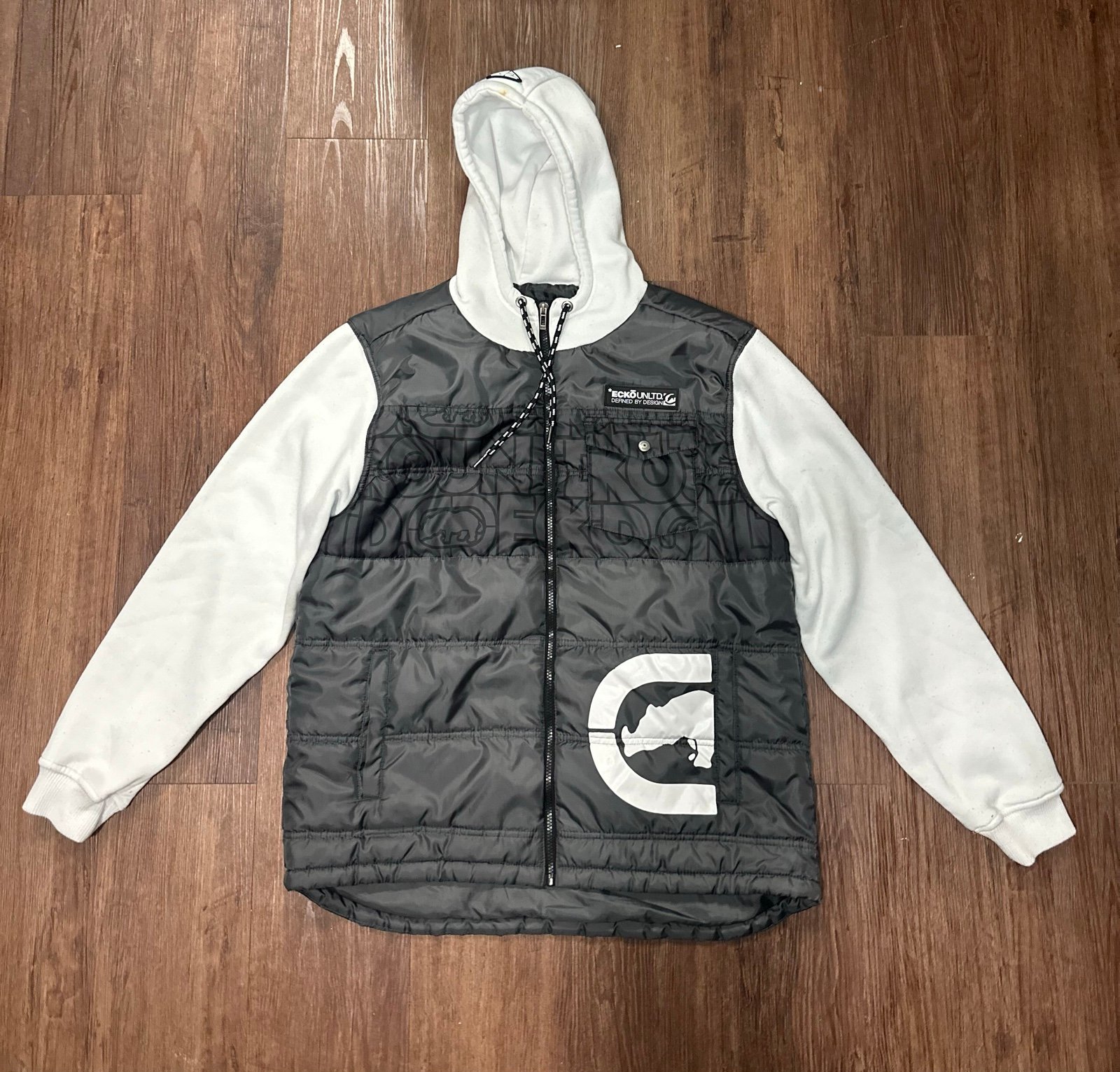 ECKO Unltd Unlimited Jacket Mens Large Hybrid Puffer Hooded Full Zip Gray White