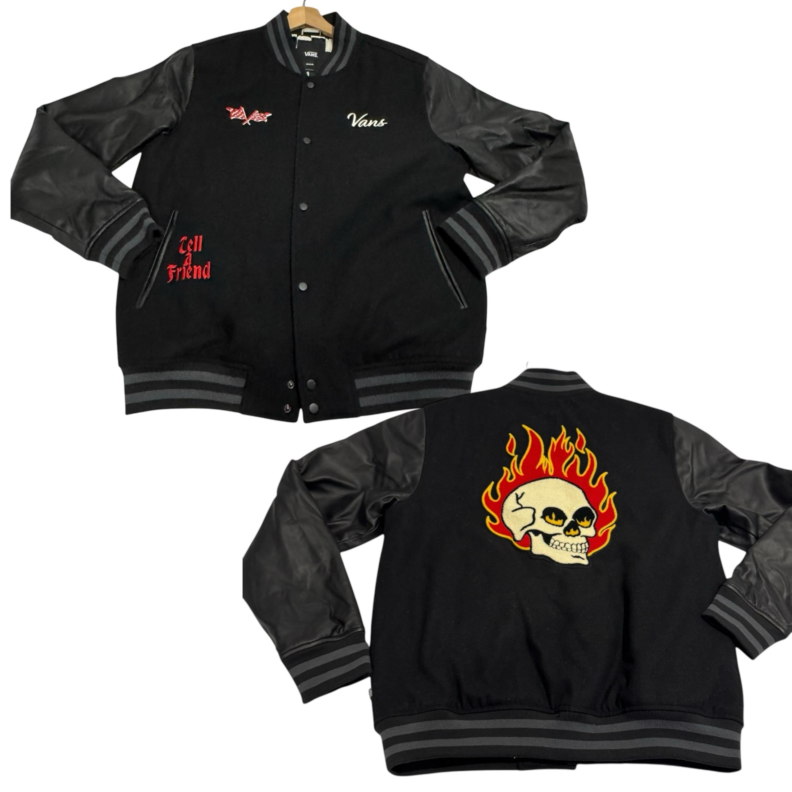 VANS Stevens Varsity Bomber Letterman Jacket Men MED Flaming Skull RARE Ltd Ed