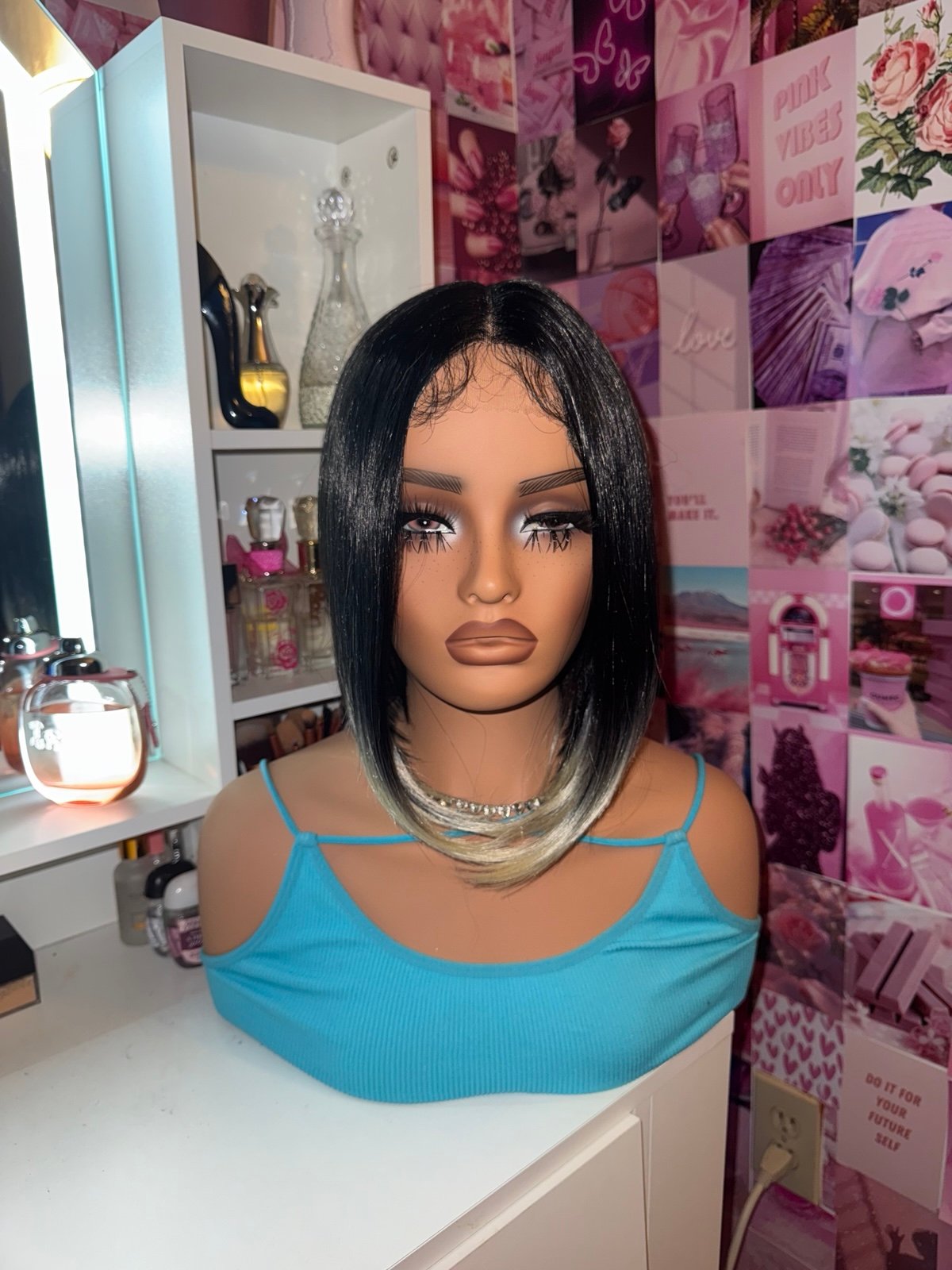 Black Bob Lace Front Wig with Blonde Tips