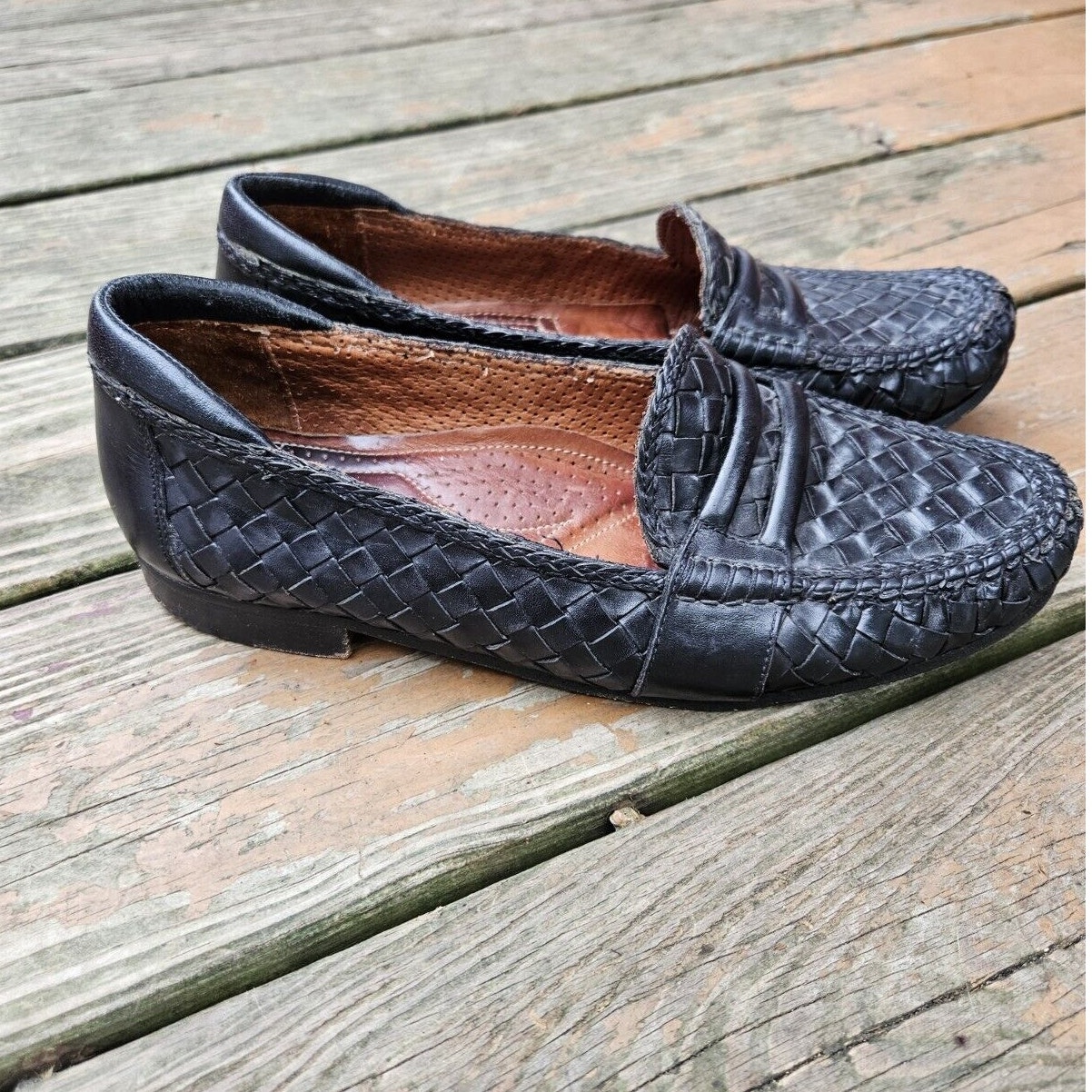 Allen Edmonds Penny Loafer Shoes Black Woven Leather St Lucia Italy Mens 8 D
