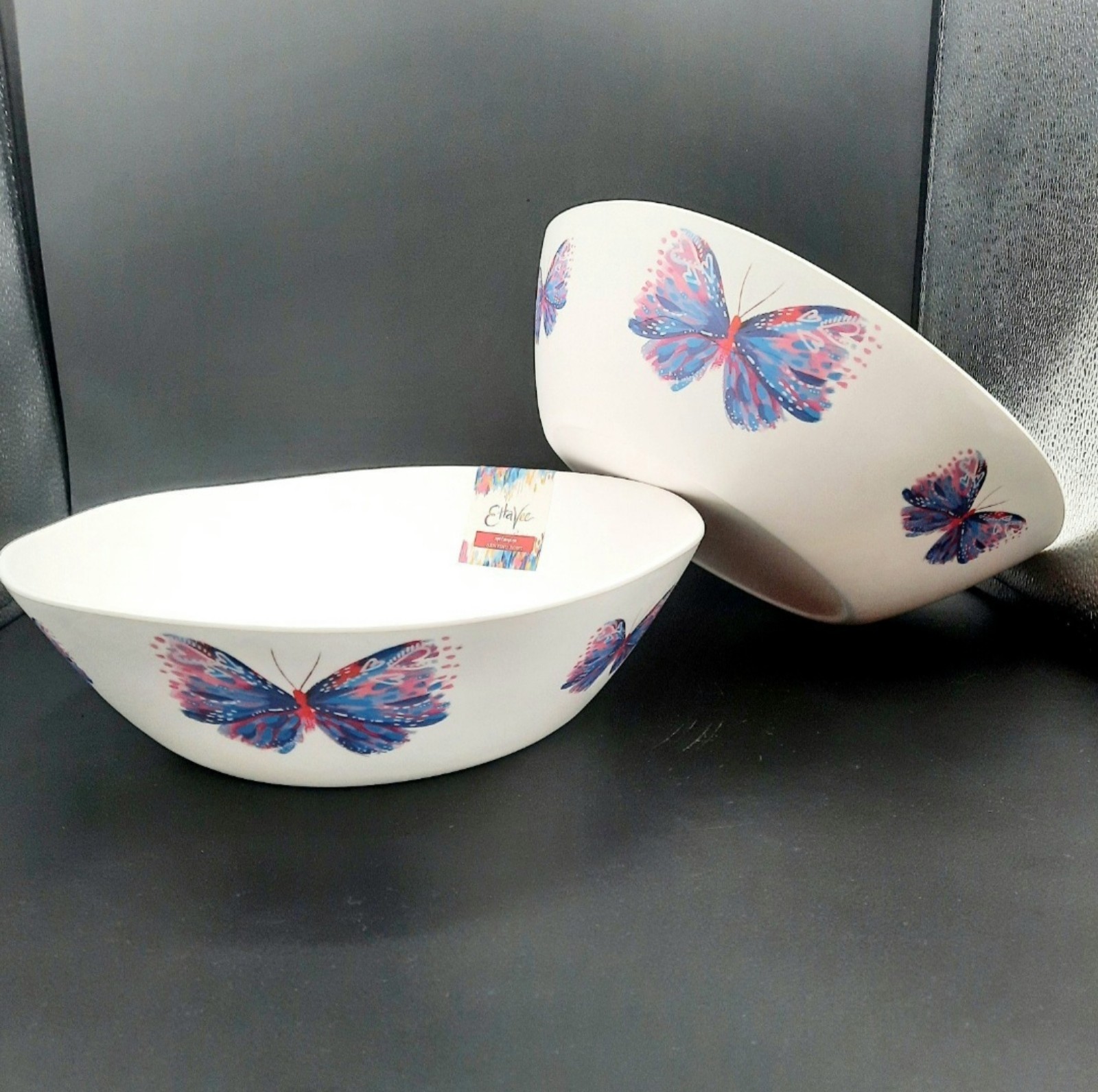 Large Butterfly Melamine Serving Bowls Set of 2 Purple Pink Blue Spring EttaVee