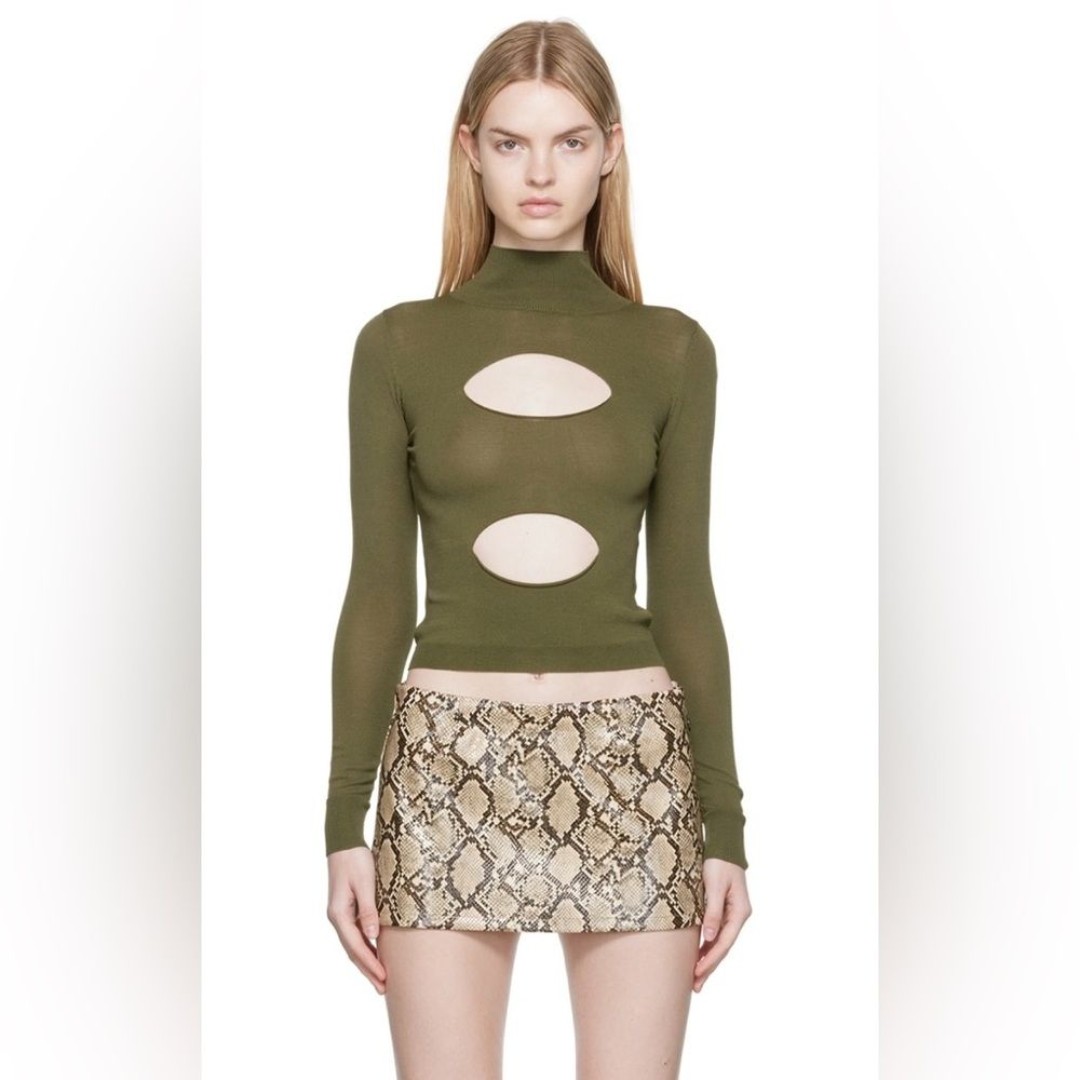 Miaou | Eros Turtleneck Knit Sweater with Front Cutouts in Moss Green Size Small