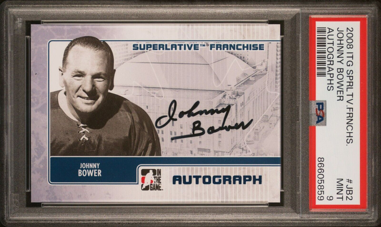 Johnny Bower 2008 Superlative Franchise Leafs Autograph Blue /19 JB2 PSA 9 Mint