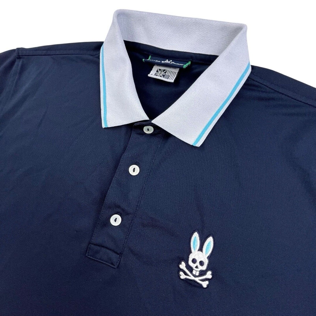 Psycho Bunny Polo Shirt Men 6 Striped Tipped Collar Spell Out Logo on Back Navy