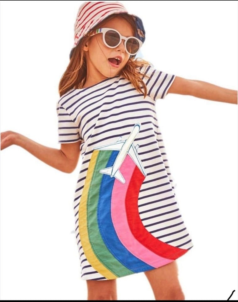Mini Boden Airplane Rainbow Jetstream Applique Dress Sz 5-6Y EUC HTF
