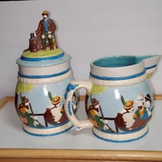 Cookie Jar German Scene Turquoise Aqua w/Pitcher Man Sitting on Log Rare Vintage