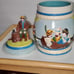 Cookie Jar German Scene Turquoise Aqua w/Pitcher Man Sitting on Log Rare Vintage