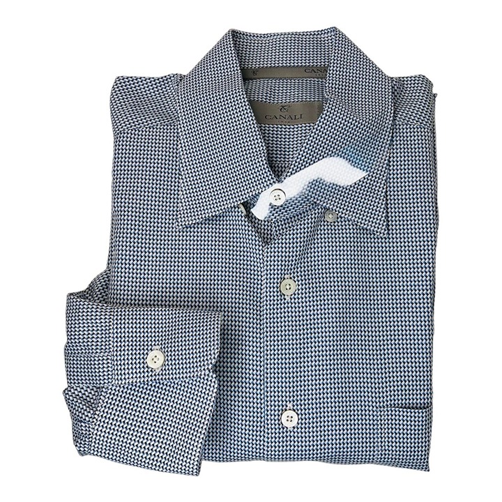 Canali 1934 White w/ Blue & Brown Puppytooth Cotton Button Down Mens Size Large
