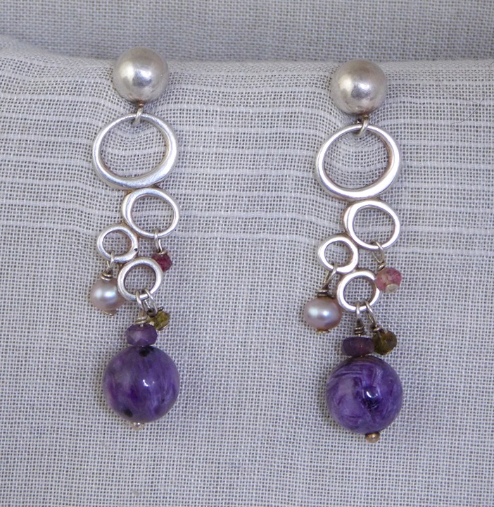 Whimsical Sterling Silver Bubbles w/ Charoite & Multi-Gemstone Dangle Earrings