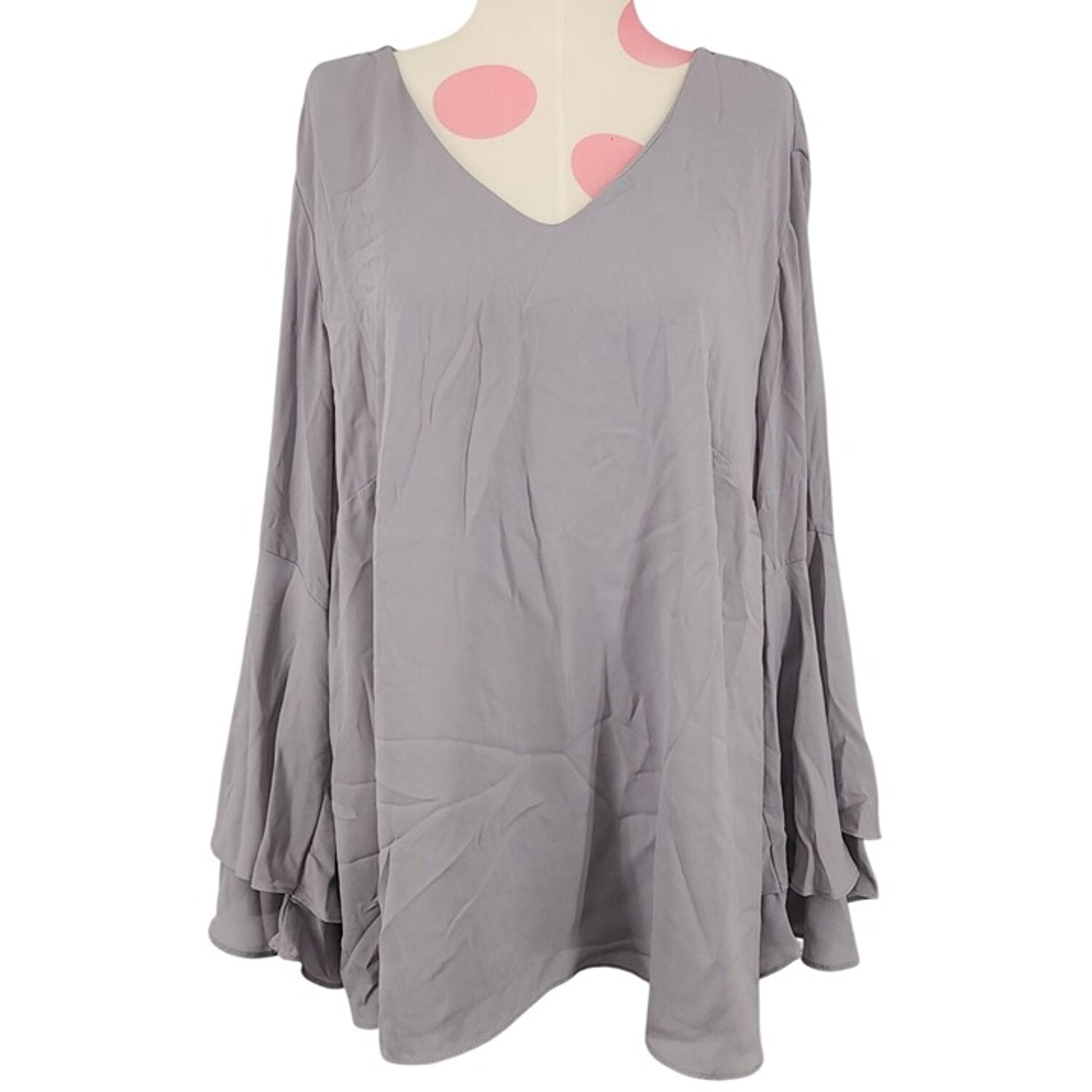 Women's Premise Studio Woman Grey Flowy Ruffle Bell Sleeve Blouse Top 1X Shirt