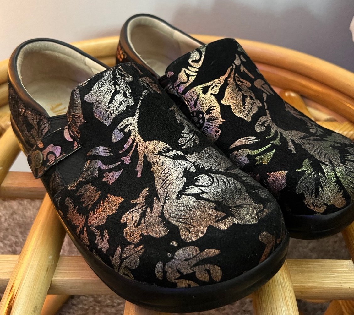 Alegria Black & Gold Slip on Clogs