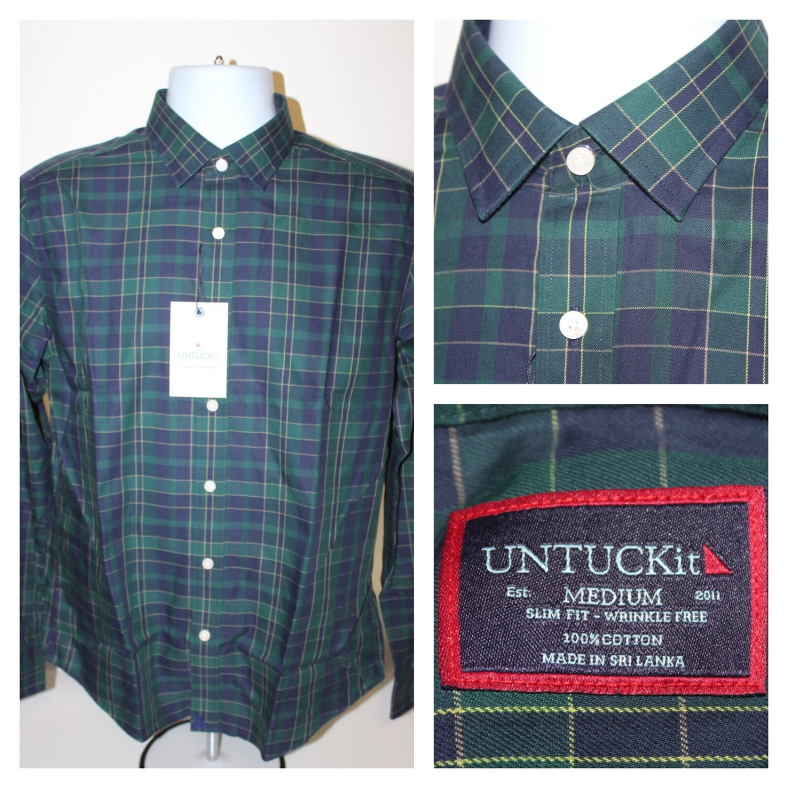 NEW UNTUCKit Langon Long Sleeve Plaid Cotton Button Down Shirt : Size M Slim Fit