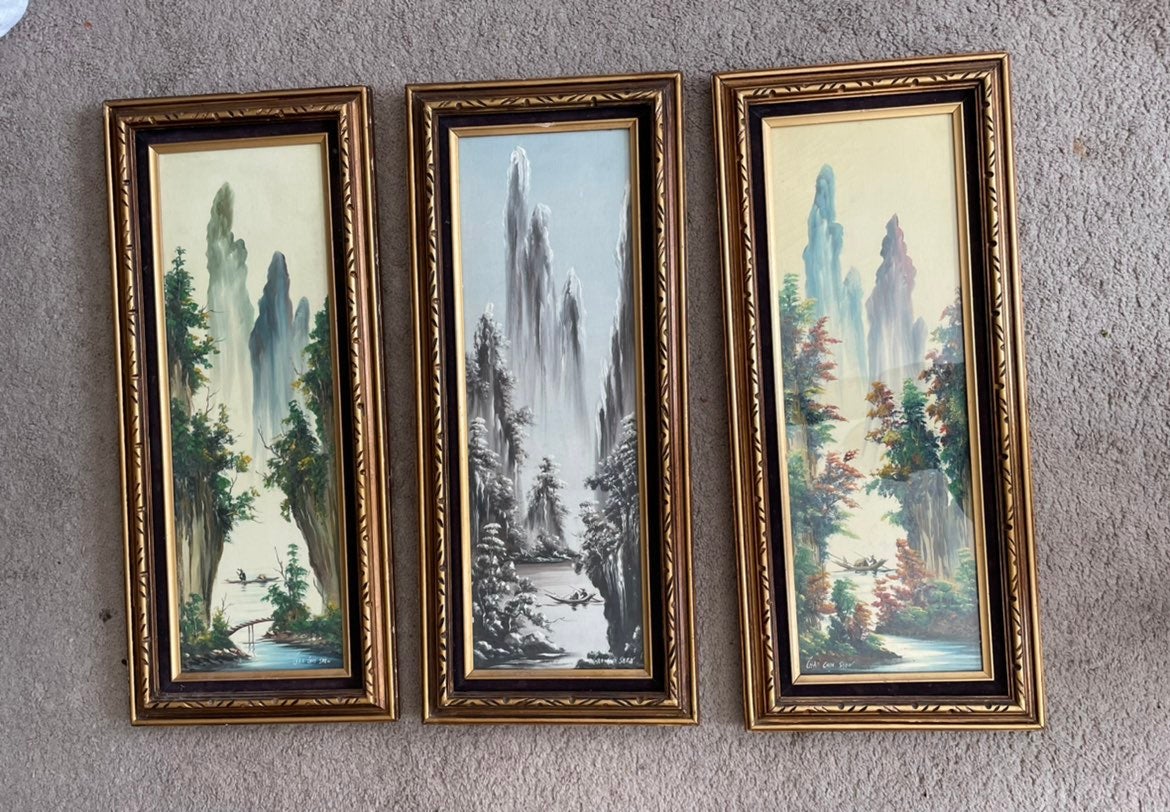 RARE Vintage Set Of 3 CHAO CHIH SHEN - Oil Paintings River Forest Boat SIGNED