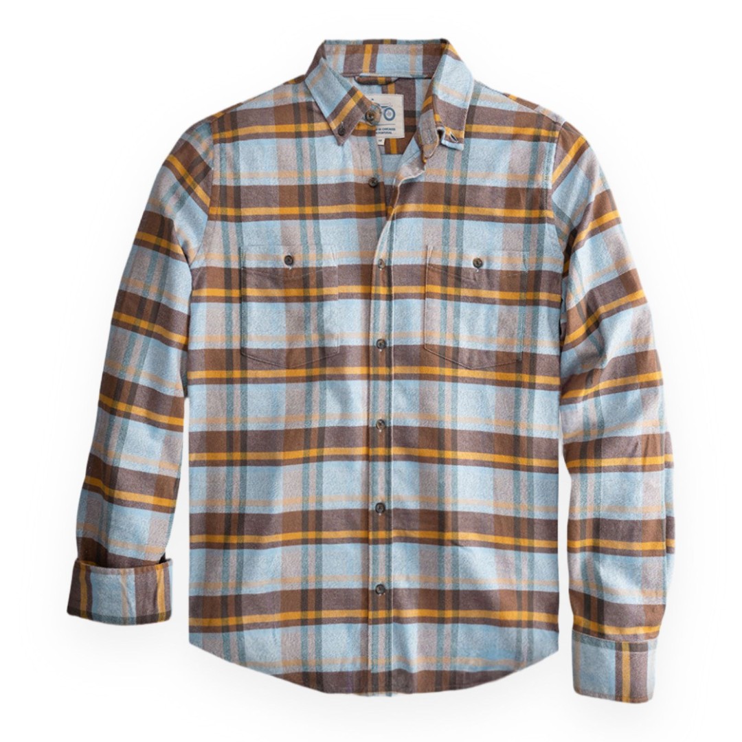 Mugsy L Classic Flannel Maples Plaid Button Down Shirt Blue Gold Brown