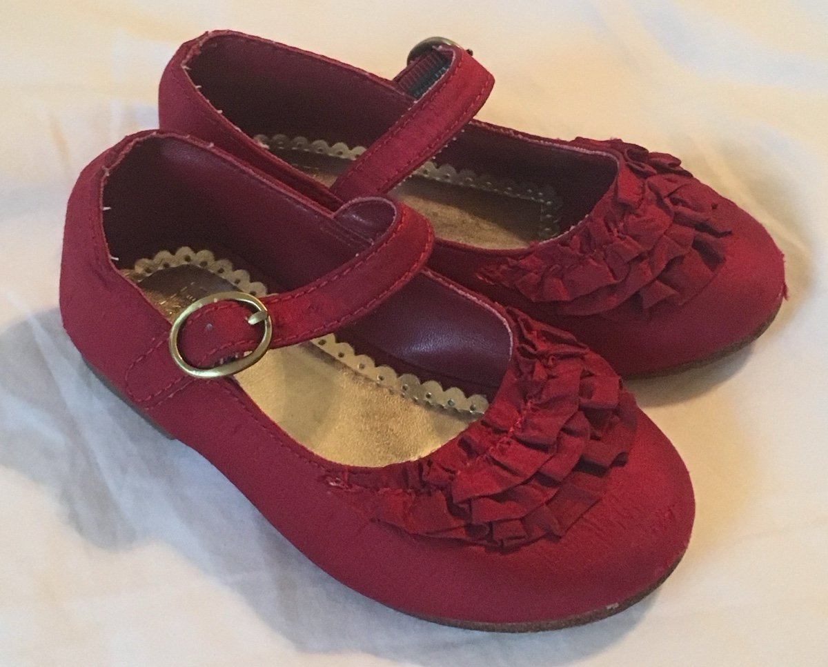 Janie + Jack 7 red silk Valentines Christmas Shoes ruffle Mary Jane flats girl