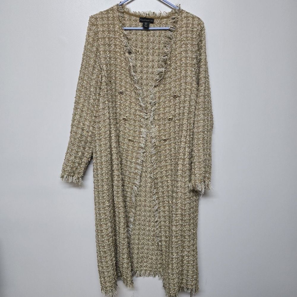 House of Harlow 1960 Gold Knit Shimmer Tweed Open Duster Long Coat S Fringed