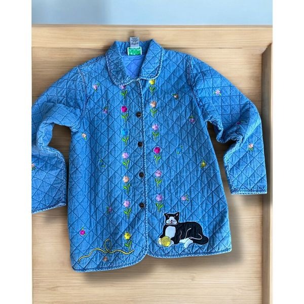 Vintage Quacker Factory Denim Quilted Coat Medium Cat Lady Floral Sz L