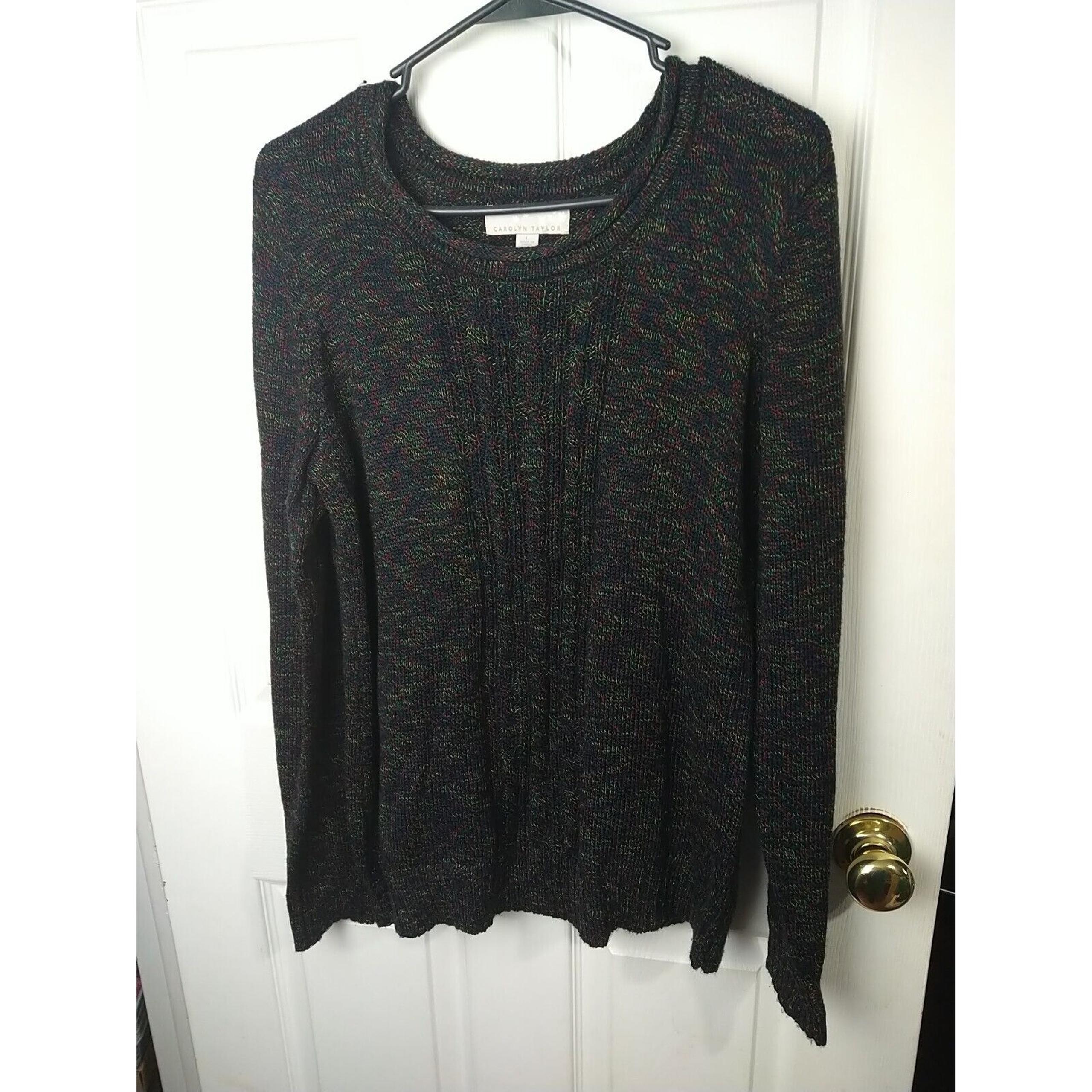 Carolyn Taylor Woman L Sweater Rainbow Color Variegated Front Cable Knit Soft
