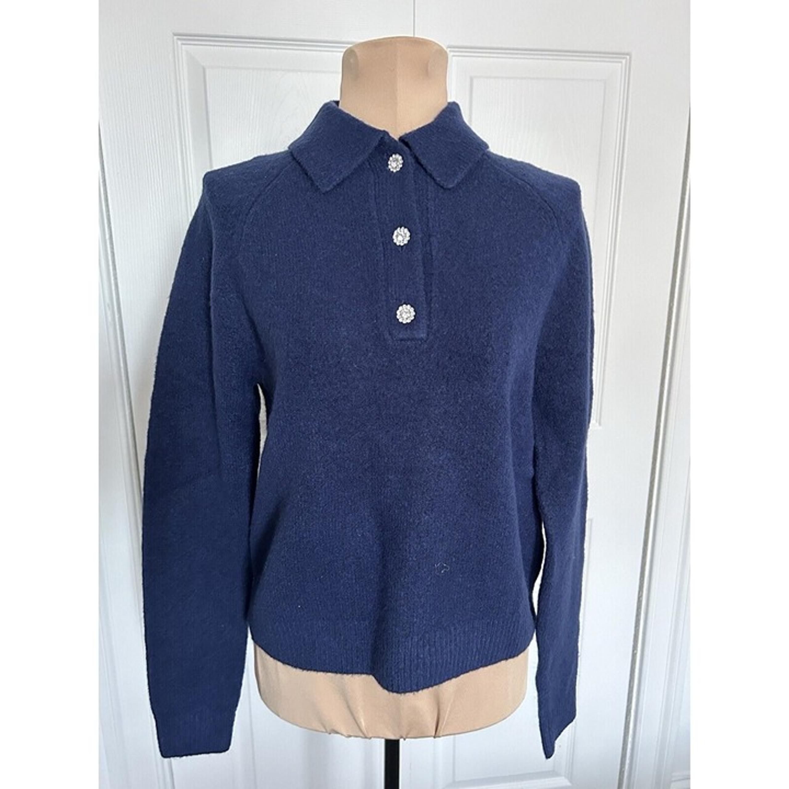 J.Crew Extra Soft Rhinestone Button Long Sleeve Polo Sweater Top Navy Blue XS