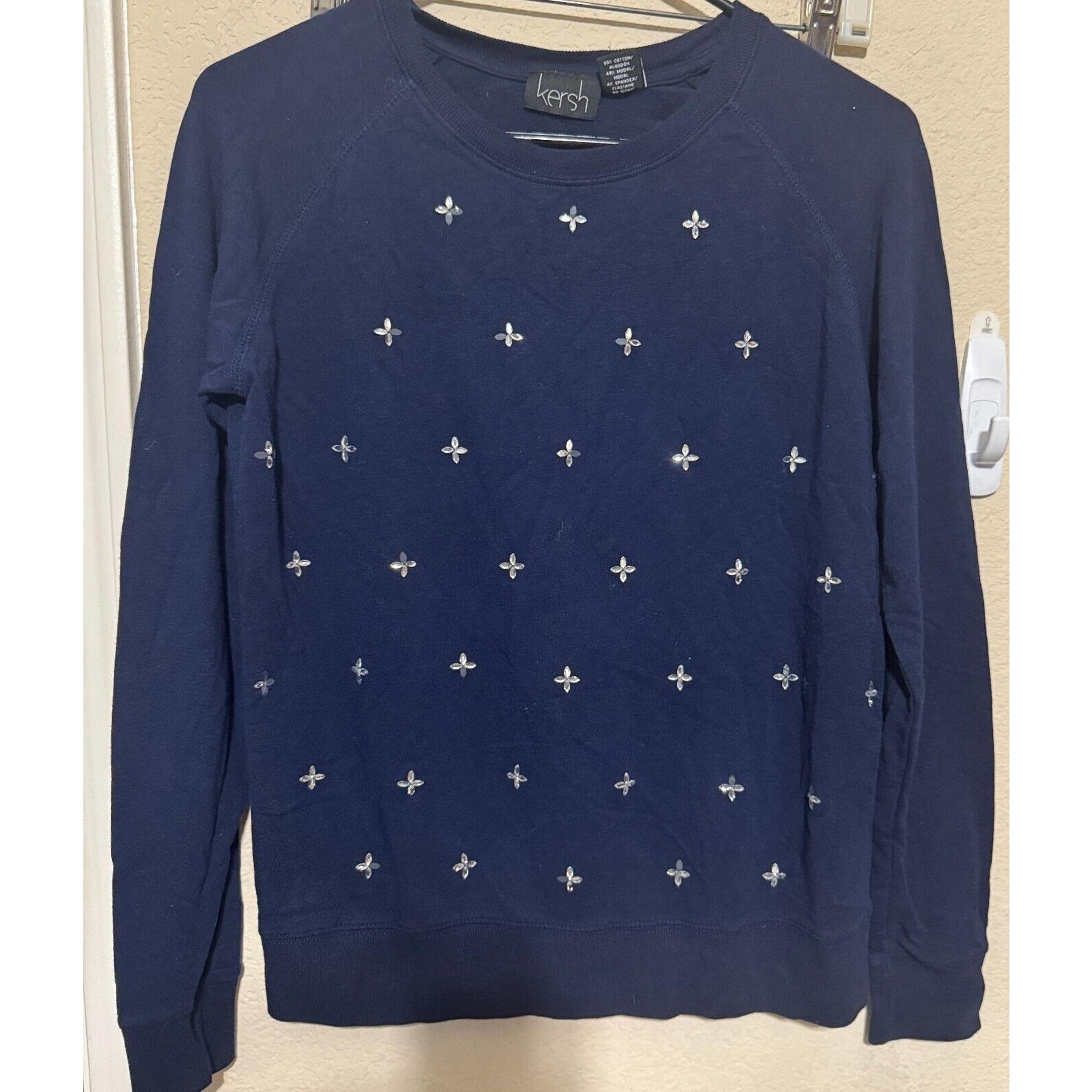Kersh Rhinestone floral Sweater navy blue Long Sleeve Womens S cotton modal soft