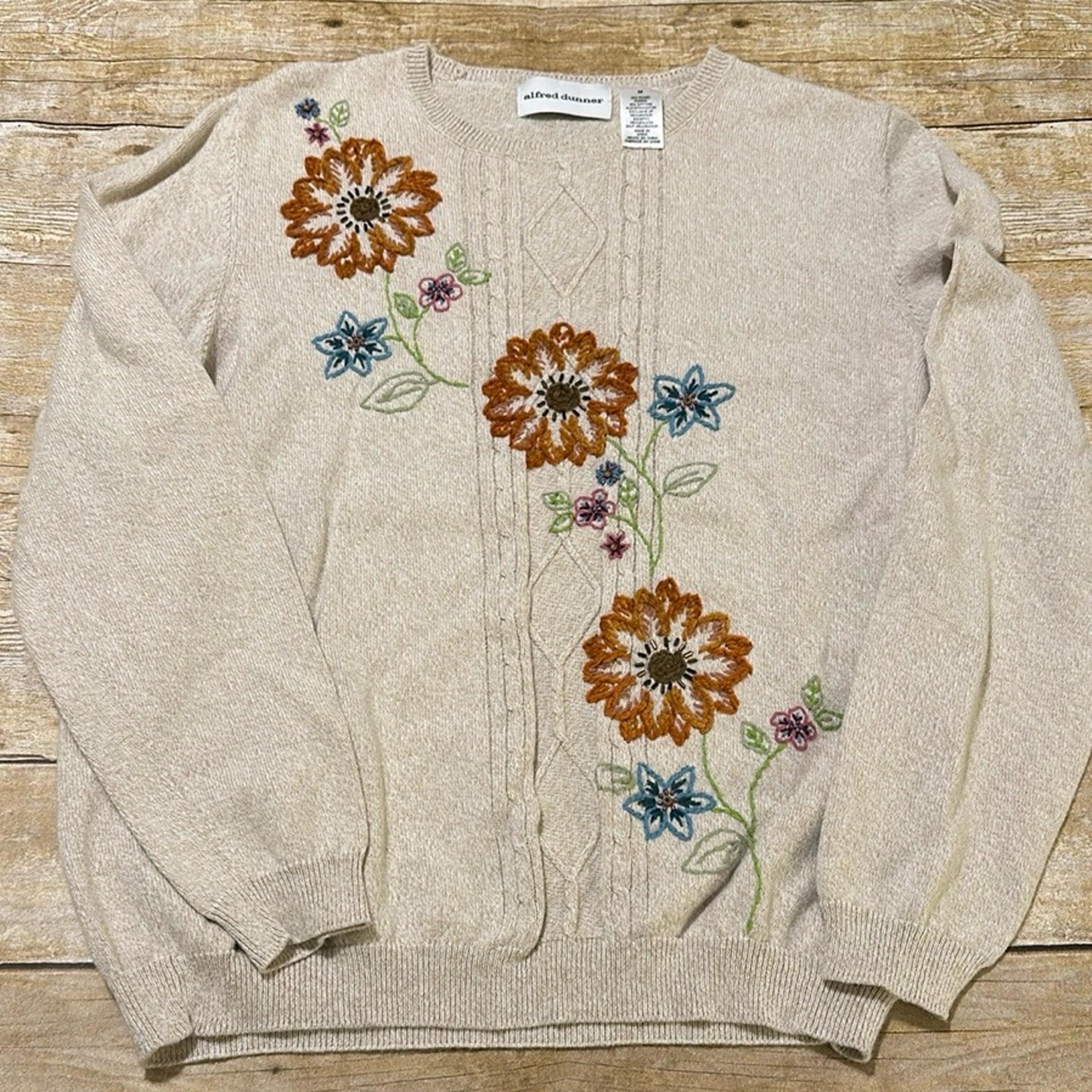 Alfred Dunner Beige Floral Embroidered Cotton Blend Sweater