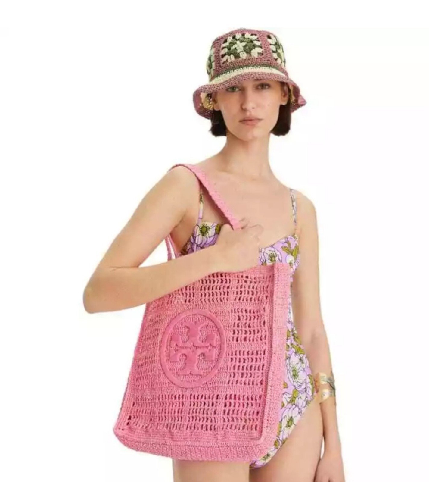 TORY BURCH pink raffia tote ELLA