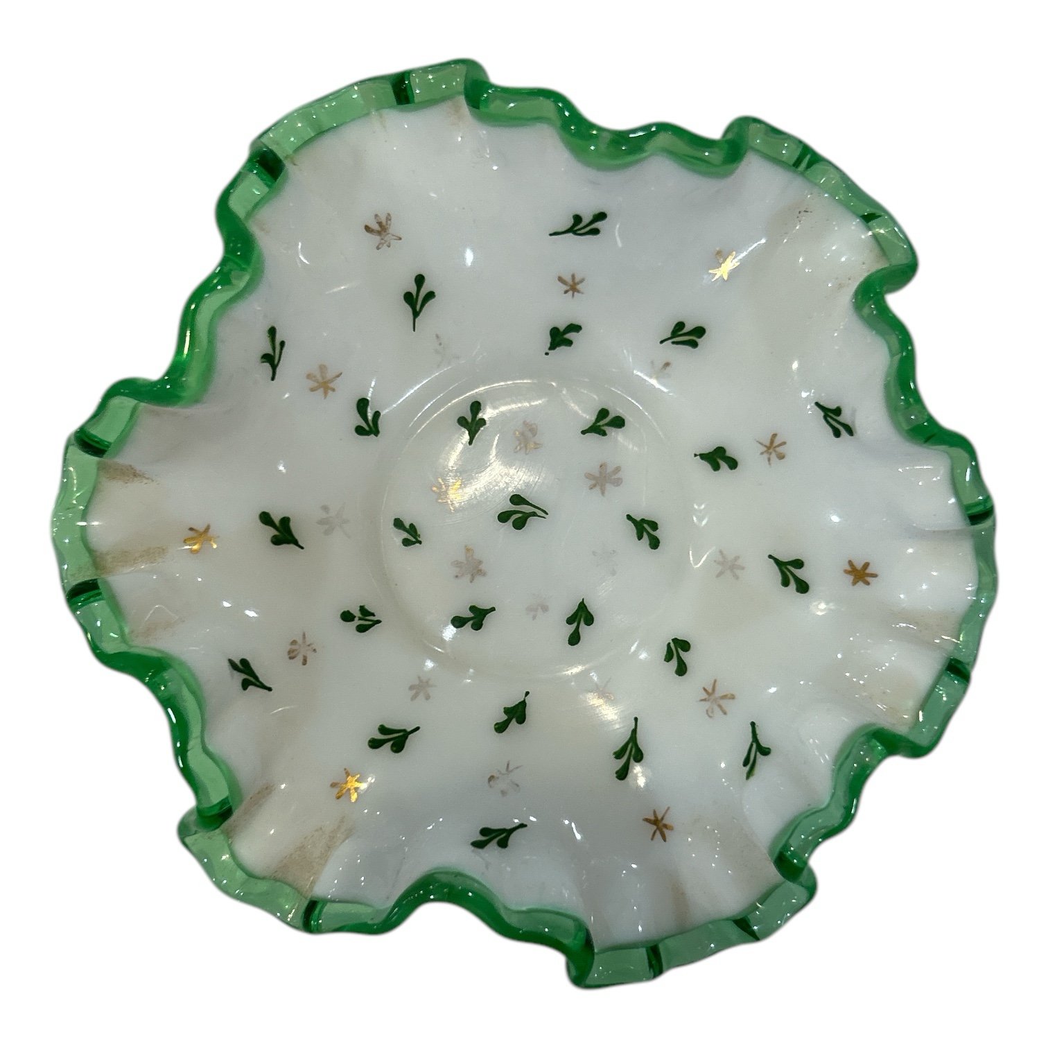 Vintage Fenton Emerald Ruffled Edge Crest Hand Painted Bonbon Candy Dish