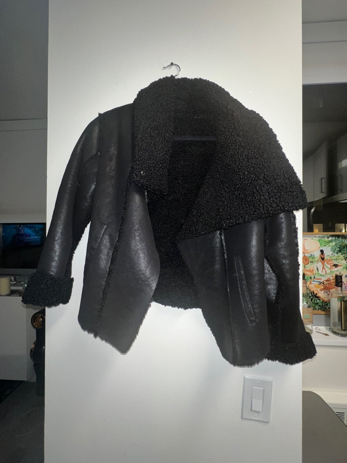 Black fur faux leather jacket