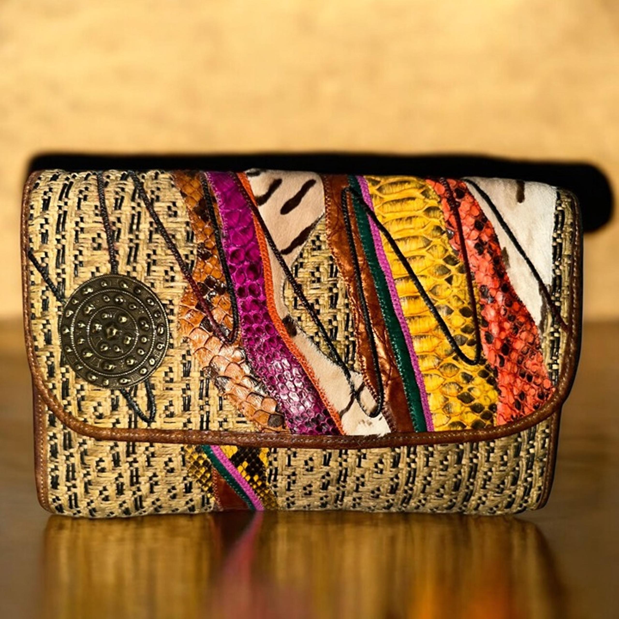 VTG Carlos Falchi Purse Brown Exotic Leathers Patchwork Envelope Clutch 80s USA