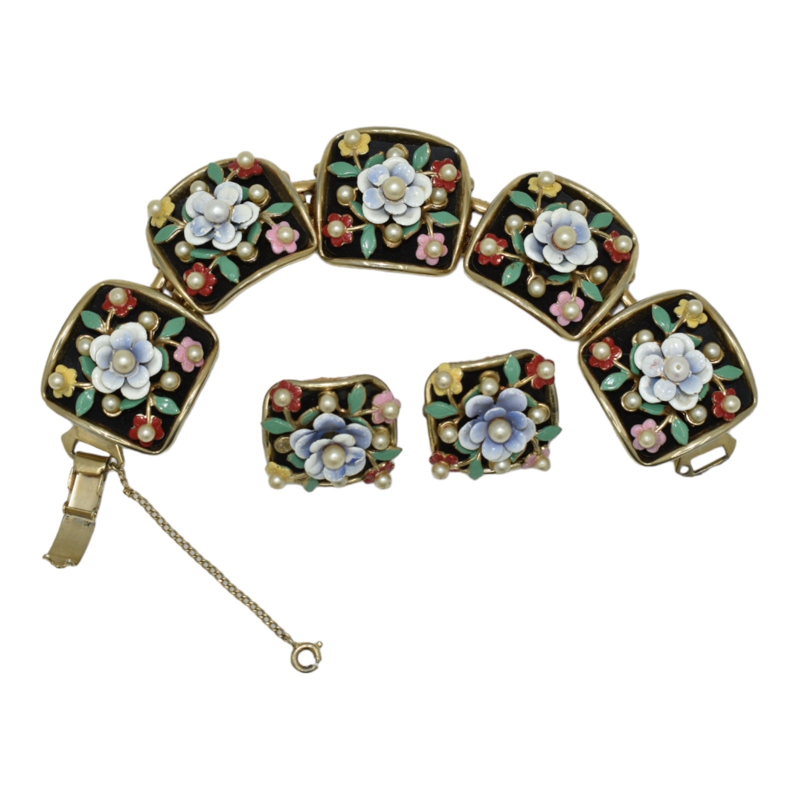 Vintage Panel Bracelet Earrings Set Enamel Flowers Faux Pearls Alice Jewelry Co