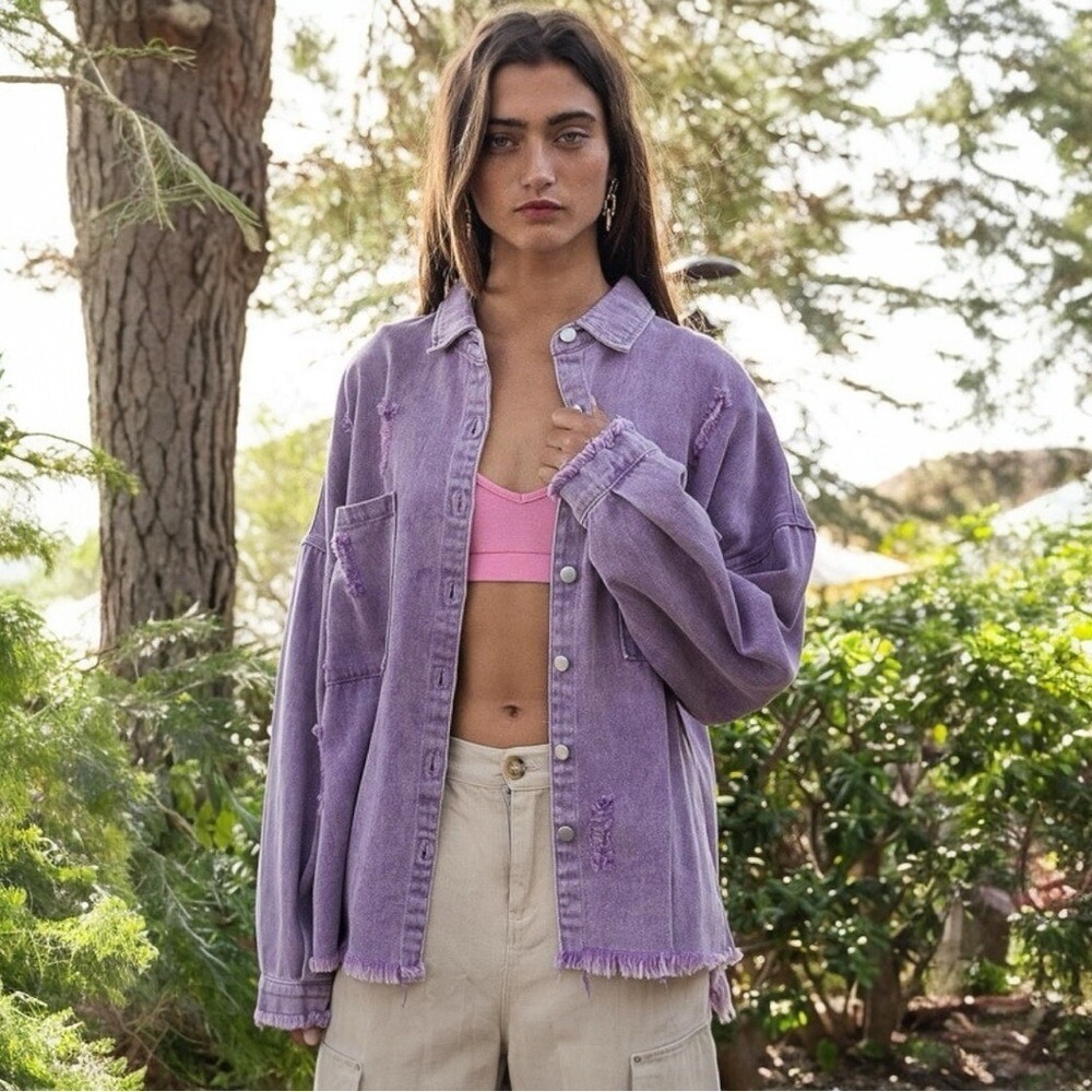 NEW‼️POL Oversized Distressed Denim Shacket in Lavender, Large