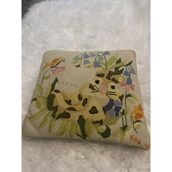 Vintage Needlepoint Pillow Baby Leopard 12x12 Inch