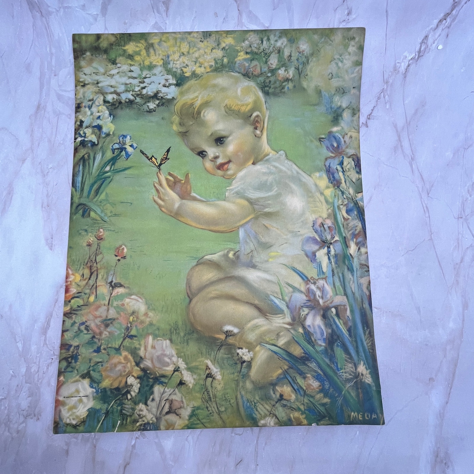 Baby With Butterfly Meda Vintage Art Print Lithograph 10x15 FL6-3