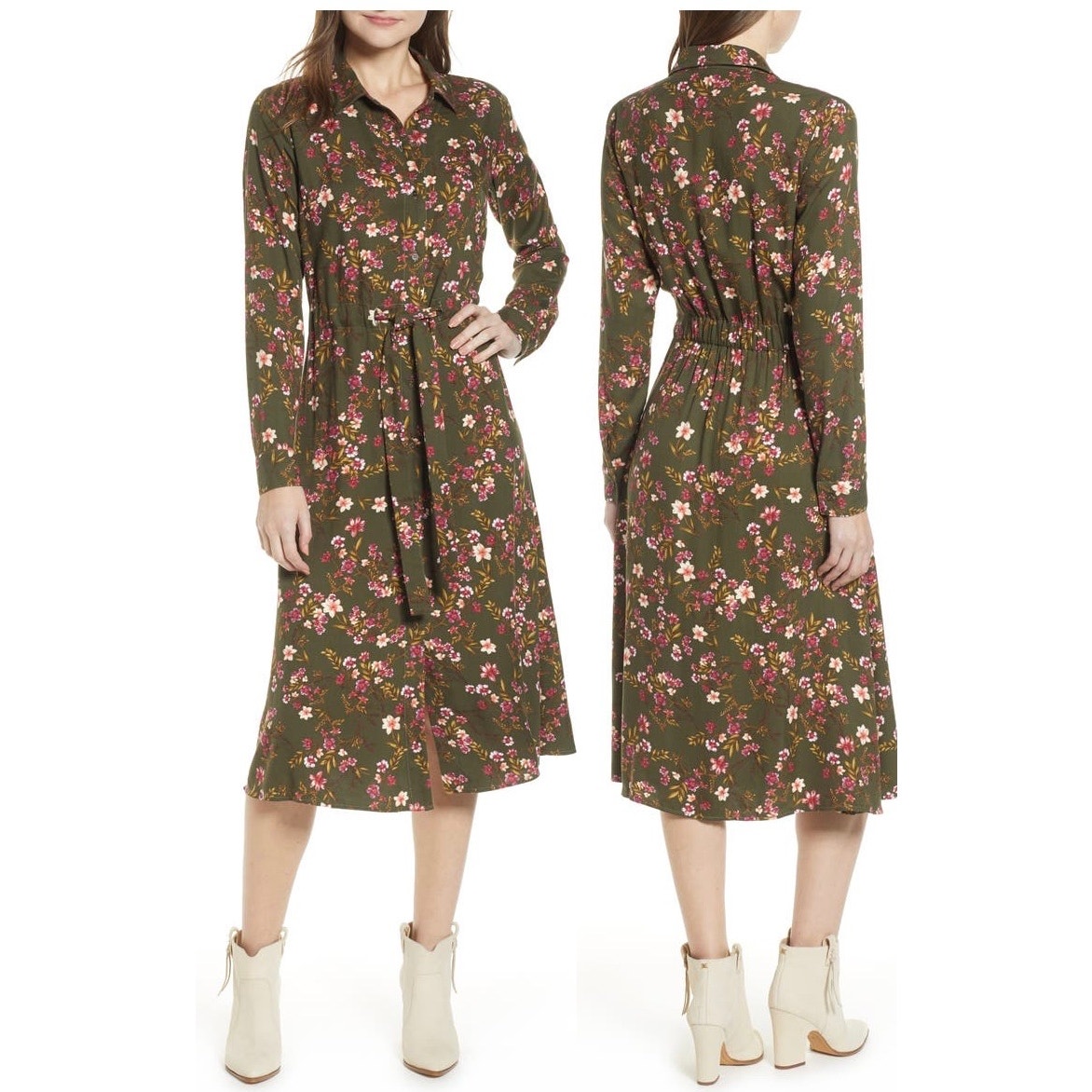 BP Olive Green Floral Midi Dress Size Medium